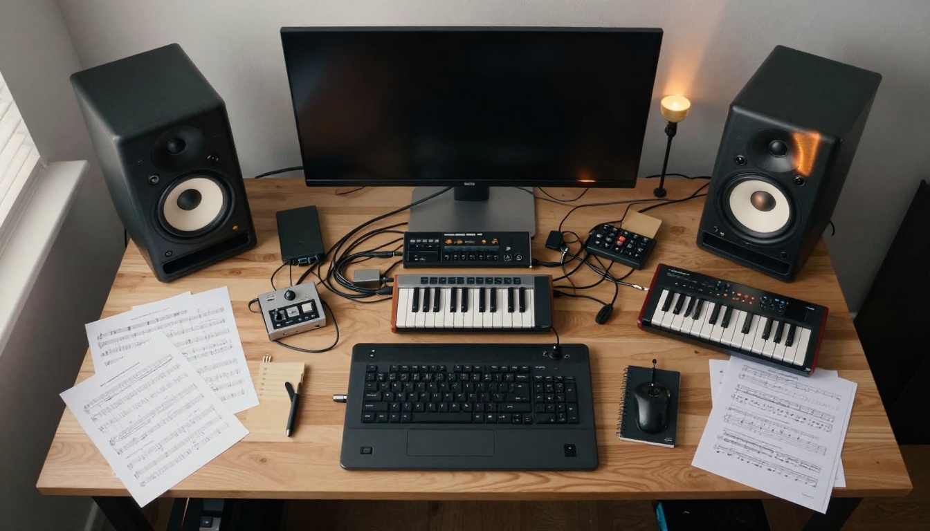 Aerial overhead shot of a music producer's workspace, keyboards, drawing tablet, sheet music, and studio monitors, warm overhead pendant lighting Aerial overhead shot of a music producer's workspace, keyboards, drawing tablet, sheet music, and studio monitors, warm overhead pendant lighting