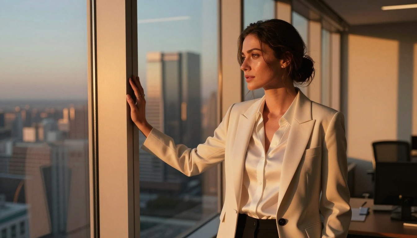 A professional woman in a tailored blazer standing at floor-to-ceiling office windows at golden hour, looking back over her shoulder