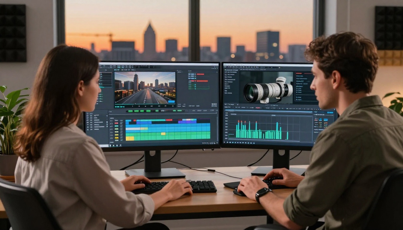 Professional video editor and audio engineer collaborating at dual workstations, city skyline at dusk through floor-to-ceiling windows, warm orange light Professional video editor and audio engineer collaborating at dual workstations, city skyline at dusk through floor-to-ceiling windows, warm orange light