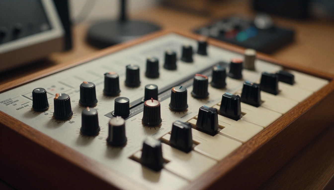 Close-up of a vintage analog synthesizer keyboard, worn ivory and black keys, wooden end panels, dozen knobs and sliders, soft warm side-light at 45 degrees Close-up of a vintage analog synthesizer keyboard, worn ivory and black keys, wooden end panels, dozen knobs and sliders, soft warm side-light at 45 degrees