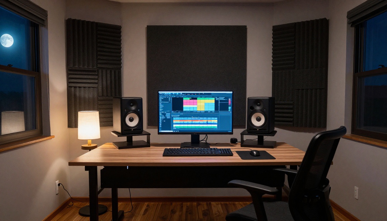 Wide shot of a modern home studio, acoustic foam on walls, compact mixing desk, bookshelf monitors flanking a monitor showing a video editing timeline, late night warm and cool moonlight Wide shot of a modern home studio, acoustic foam on walls, compact mixing desk, bookshelf monitors flanking a monitor showing a video editing timeline, late night warm and cool moonlight