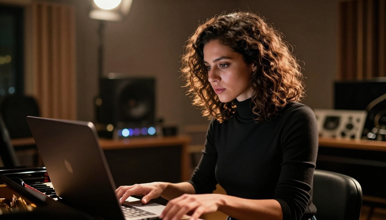 Portrait of a female music composer at a grand piano, laptop open beside her, warm amber spotlight, voluminous natural hair, 85mm portrait lens with shallow depth of field Portrait of a female music composer at a grand piano, laptop open beside her, warm amber spotlight, voluminous natural hair, 85mm portrait lens with shallow depth of field