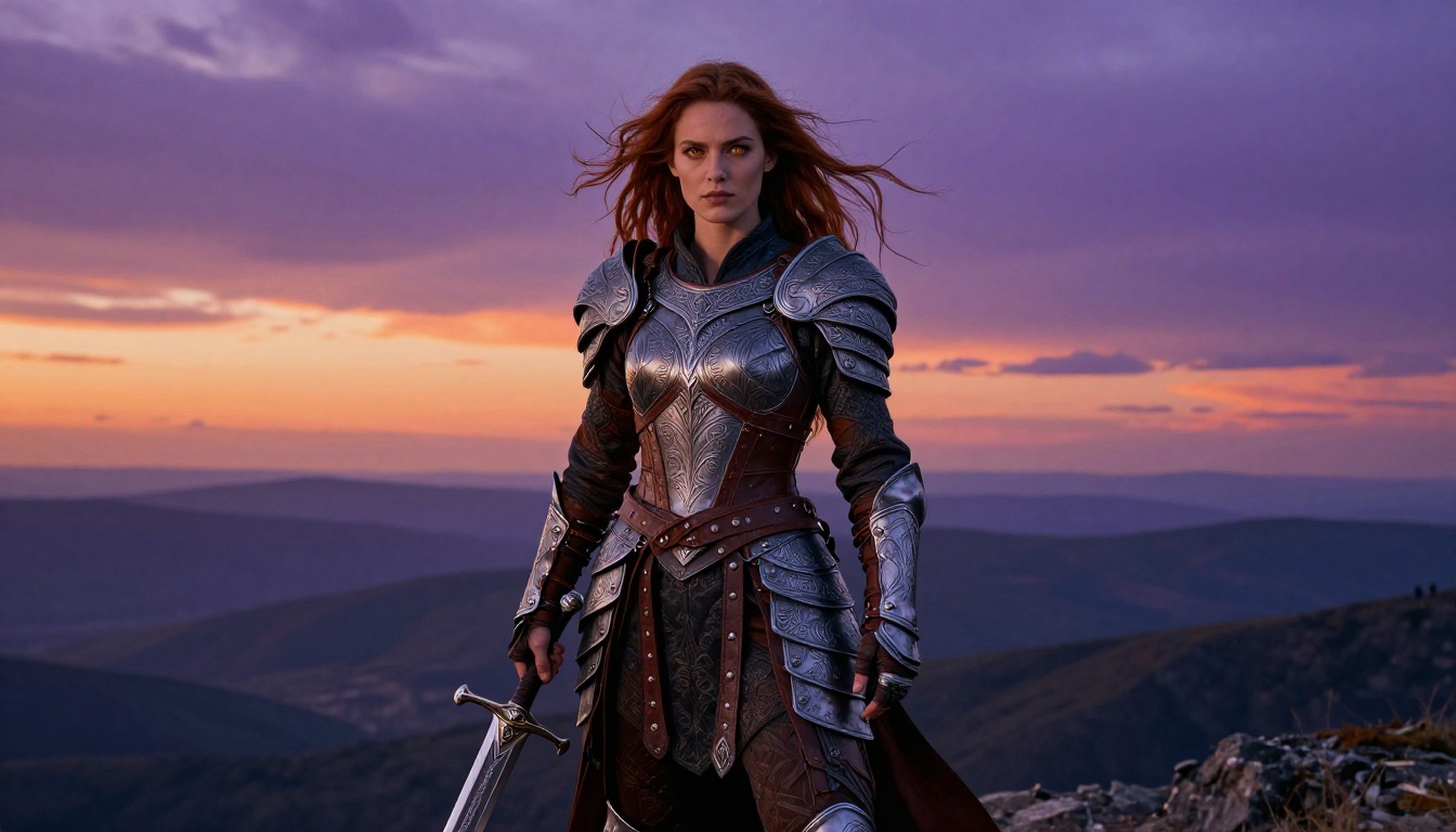 A woman in ornate leather warrior armor standing on a cliffside at dusk, long auburn hair flowing, epic twilight sky