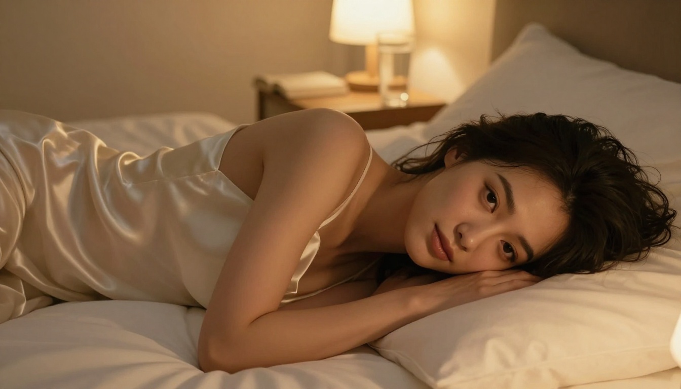 A woman in an ivory satin slip dress lying on her side on a white bed, warm lamp light, looking directly at camera with intimate expression