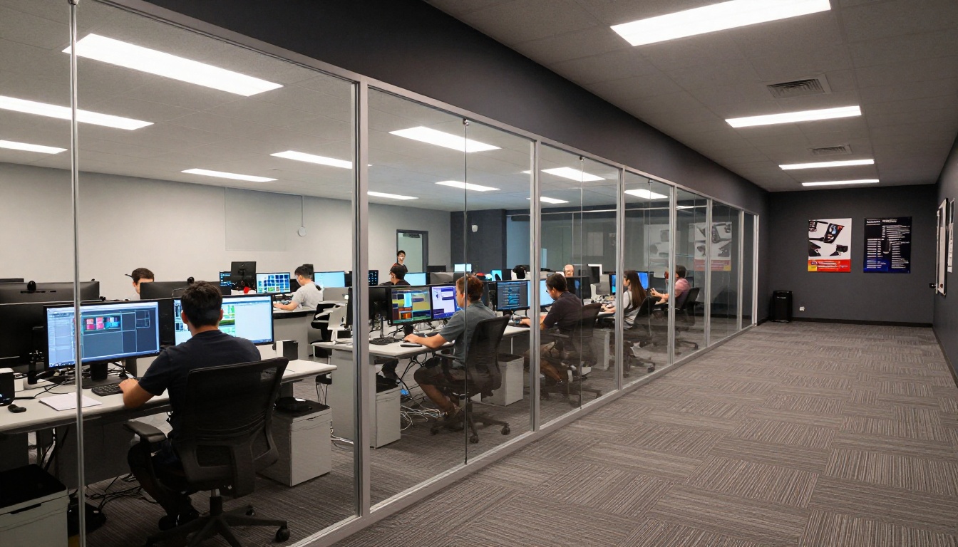 Wide establishing shot of a professional post-production facility, corridor through glass walls revealing multiple editing suites, director and sound designer in a glass booth reviewing footage Wide establishing shot of a professional post-production facility, corridor through glass walls revealing multiple editing suites, director and sound designer in a glass booth reviewing footage