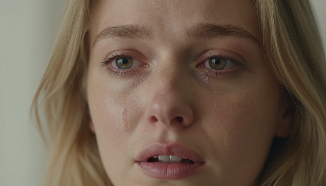 Extreme close-up of a woman's face with glistening eyes and parted lips during an emotional confession, natural window light