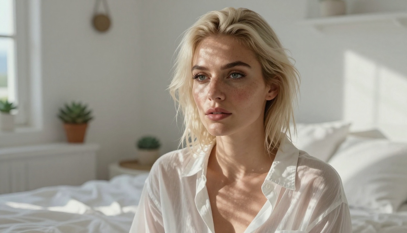 Blonde woman in morning Mediterranean bedroom light