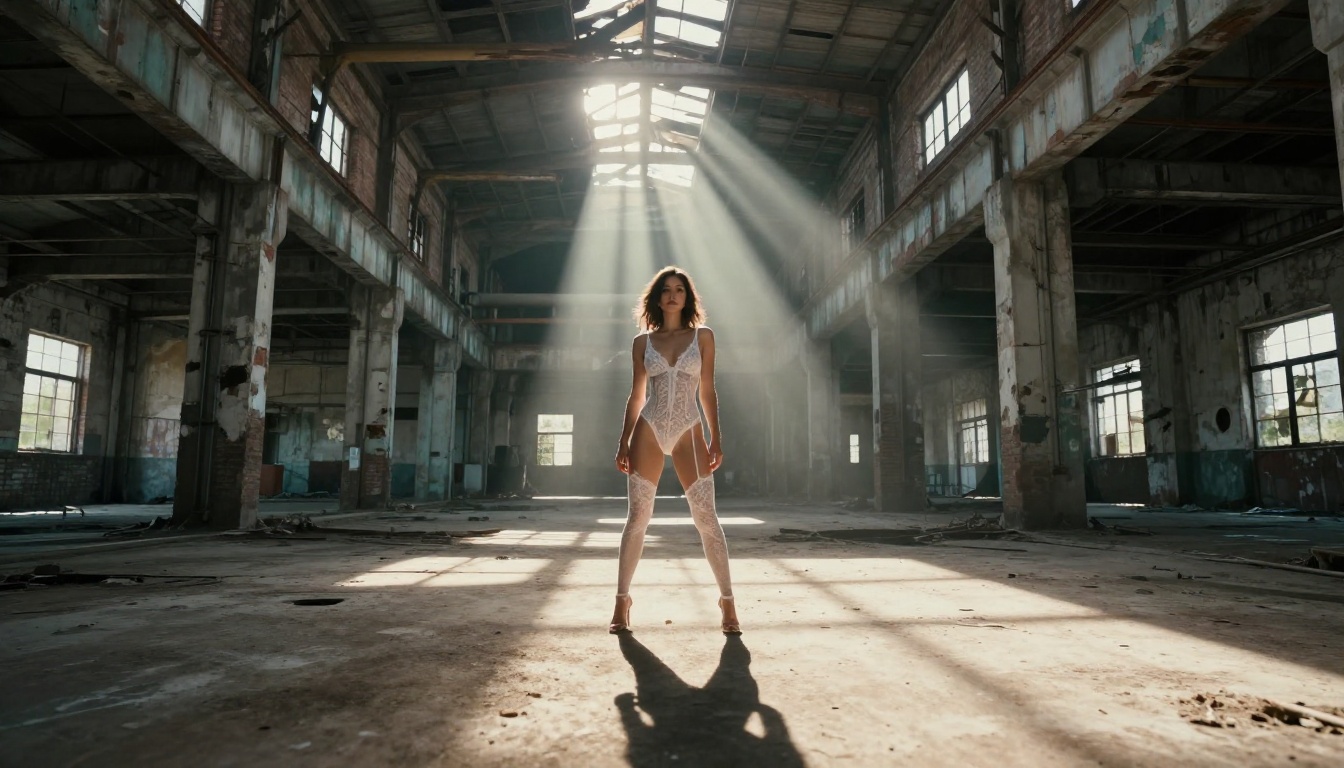 Woman in white lace bodysuit in industrial warehouse with dramatic god rays