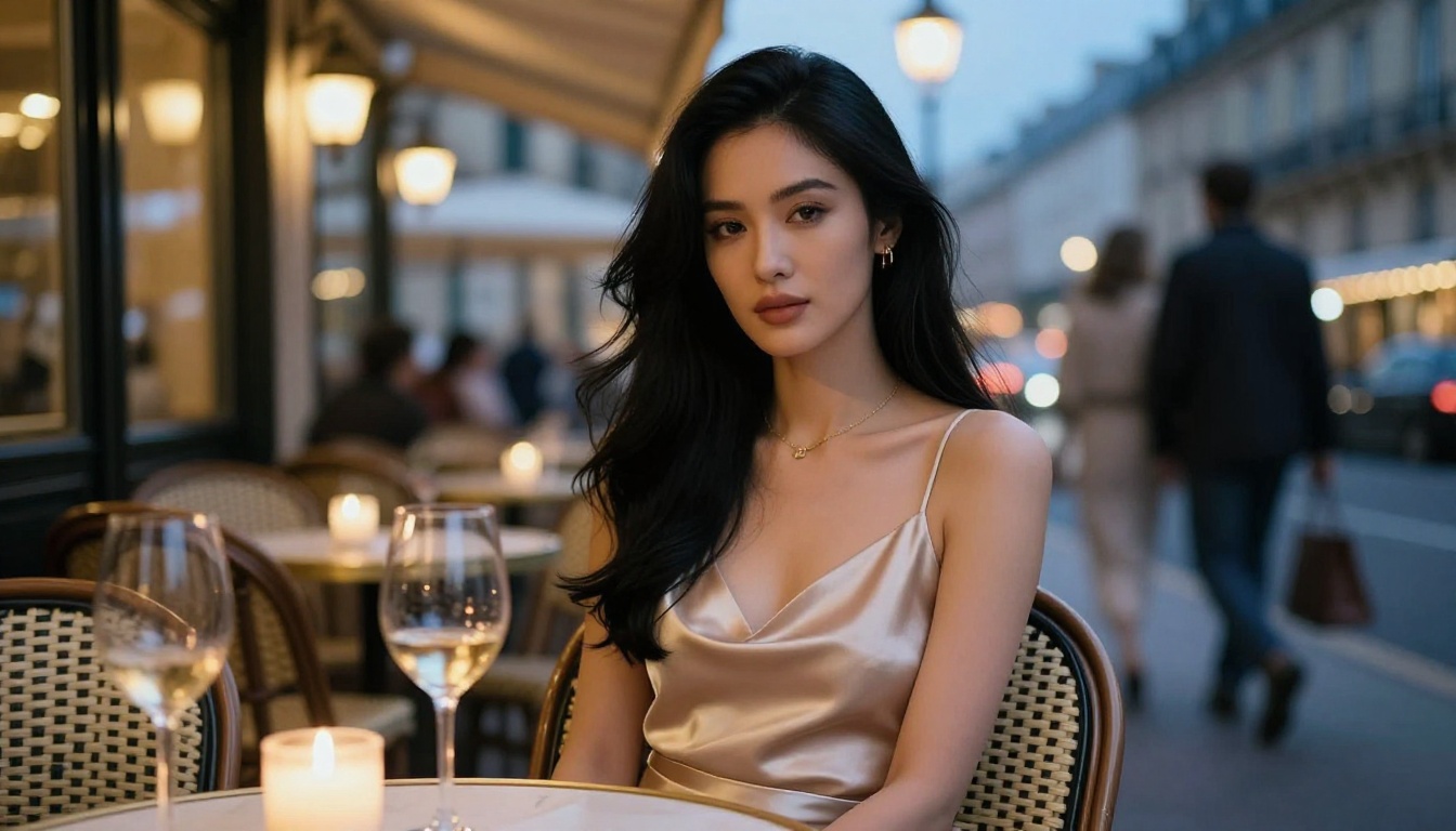 Woman in champagne slip dress at Parisian cafe terrace at twilight