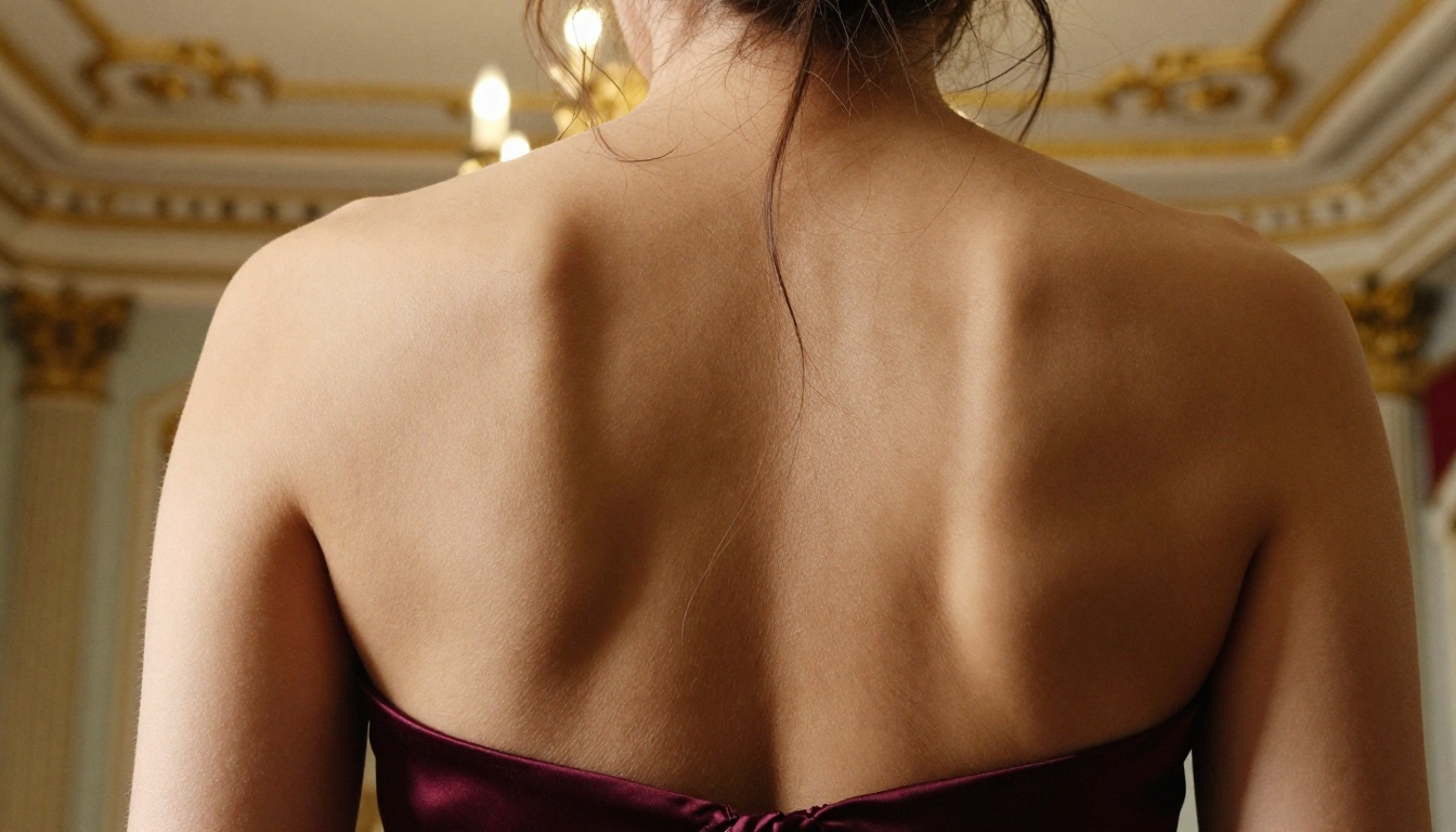 Woman in backless burgundy gown in ornate ballroom close-up