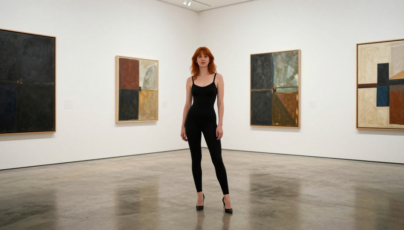 Woman in black bodysuit in modern art gallery with abstract paintings