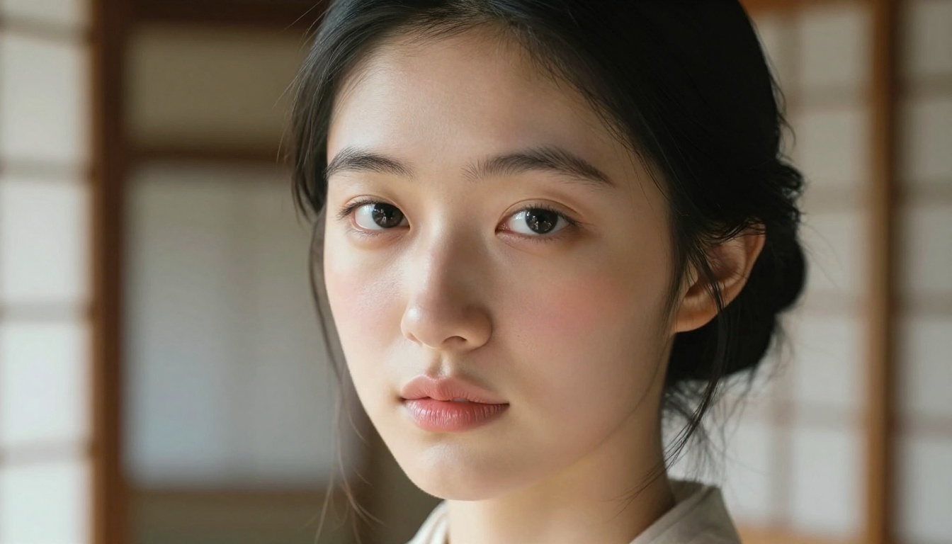 An East Asian woman with natural porcelain skin and a soft bun, lit by morning light through a shoji screen An East Asian woman with natural porcelain skin and a soft bun, lit by morning light through a shoji screen