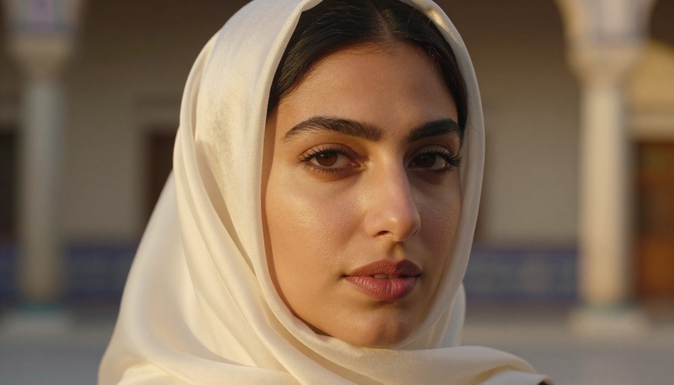 A Middle Eastern woman with olive skin and an ivory silk headscarf, Rembrandt lighting from the left A Middle Eastern woman with olive skin and an ivory silk headscarf, Rembrandt lighting from the left