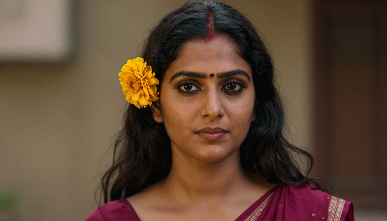 A South Asian woman with a gold bindi and marigold in her hair, lit by warm window light in a magenta dupatta A South Asian woman with a gold bindi and marigold in her hair, lit by warm window light in a magenta dupatta