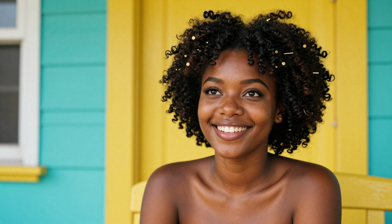 An Afro-Caribbean woman with a natural puff and a joyful smile on a colorful Caribbean porch An Afro-Caribbean woman with a natural puff and a joyful smile on a colorful Caribbean porch