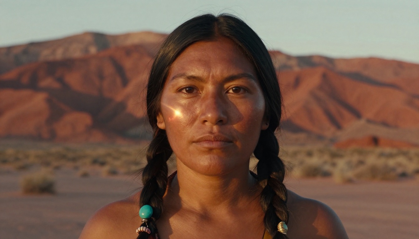 An Indigenous North American woman with turquoise-beaded braids, desert mesa backdrop at golden hour An Indigenous North American woman with turquoise-beaded braids, desert mesa backdrop at golden hour