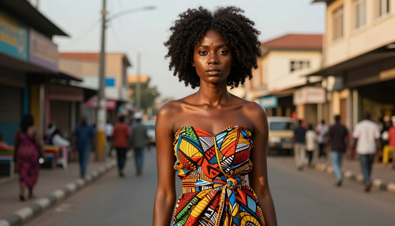A Sub-Saharan African woman in a vibrant ankara dress on a street in Accra, afternoon sunlight A Sub-Saharan African woman in a vibrant ankara dress on a street in Accra, afternoon sunlight