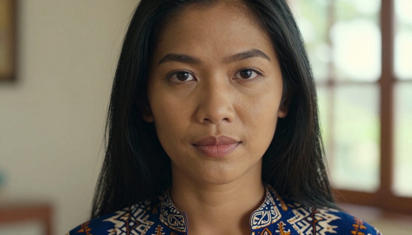 A Southeast Asian woman in a traditional batik blouse, soft round face, tropical window light A Southeast Asian woman in a traditional batik blouse, soft round face, tropical window light