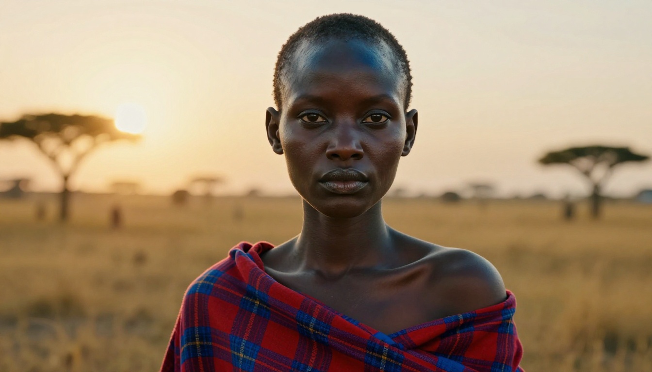 An East African woman in a red-and-blue shuka cloth against a golden savanna at sunset An East African woman in a red-and-blue shuka cloth against a golden savanna at sunset