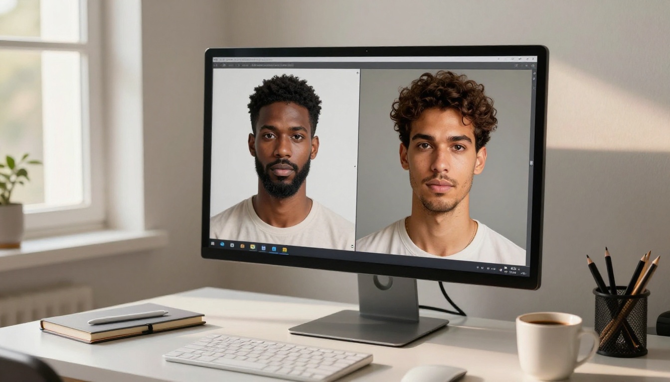 A desk with a monitor showing two AI companion portraits with different ethnic appearances, side by side A desk with a monitor showing two AI companion portraits with different ethnic appearances, side by side
