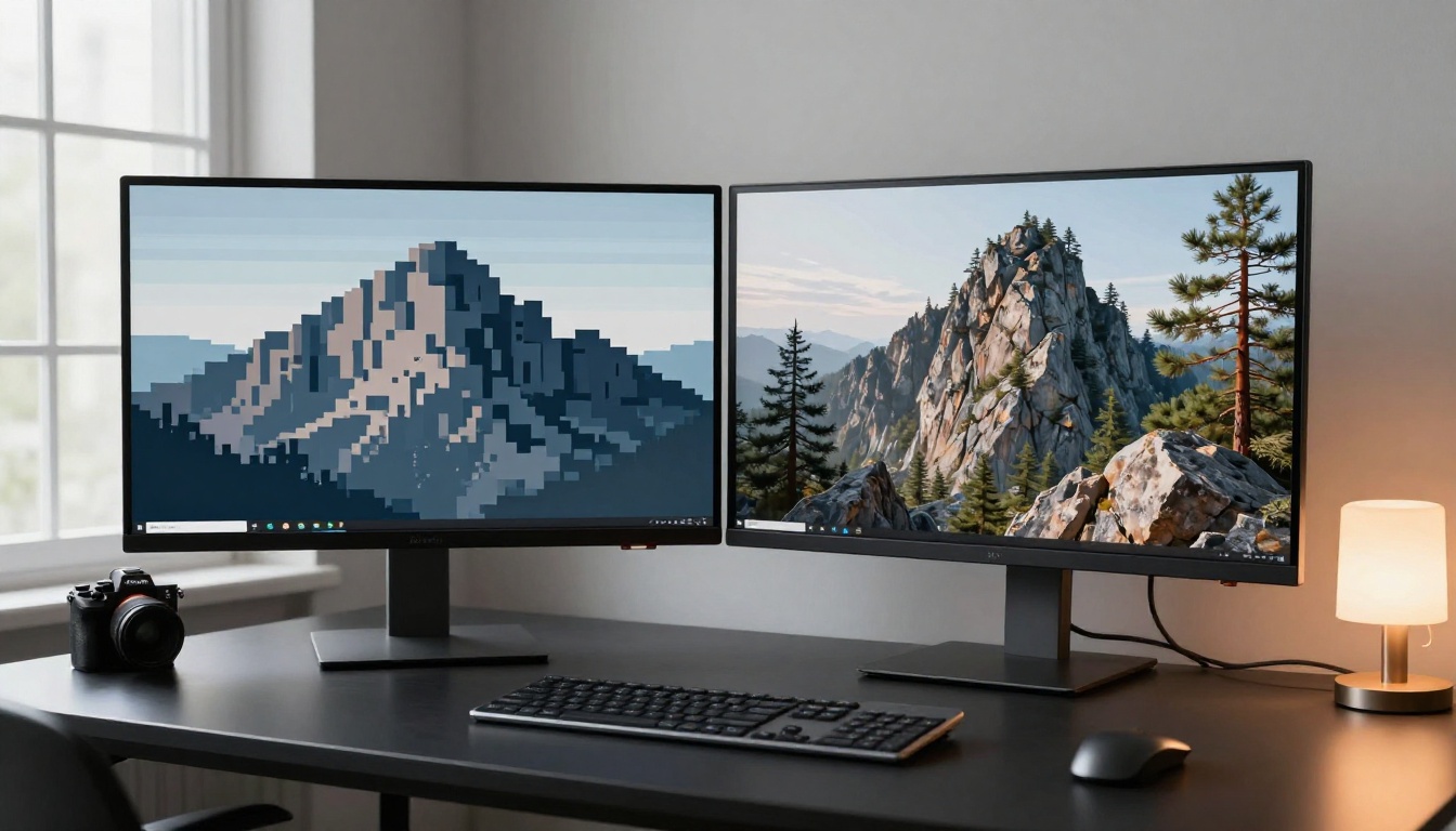 Dual ultrawide monitors showing AI landscape artwork comparison, left pixelated original, right 4x upscaled with rock texture detail, Sony A7IV 50mm f/2.0 lens, directional desk lamp