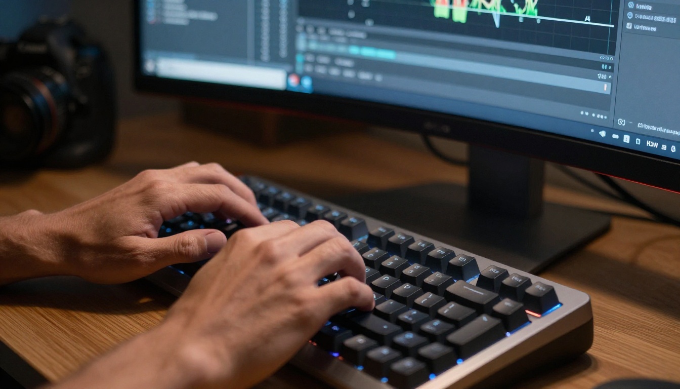 Creative professional's hands typing on backlit mechanical keyboard, curved ultrawide monitor in background showing AI upscaling interface, warm tungsten desk lamp from upper left, Canon 5D Mark IV 35mm f/1.8 lens
