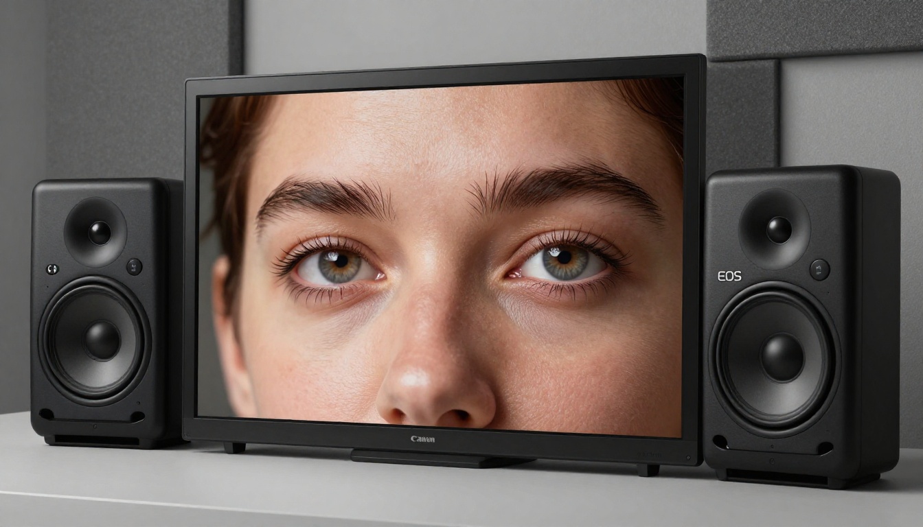 Professional studio monitor displaying portrait with extraordinary AI upscaled detail, fine skin pore texture visible, individual eyelashes sharp, softbox lighting from left, Canon EOS R 85mm f/1.8