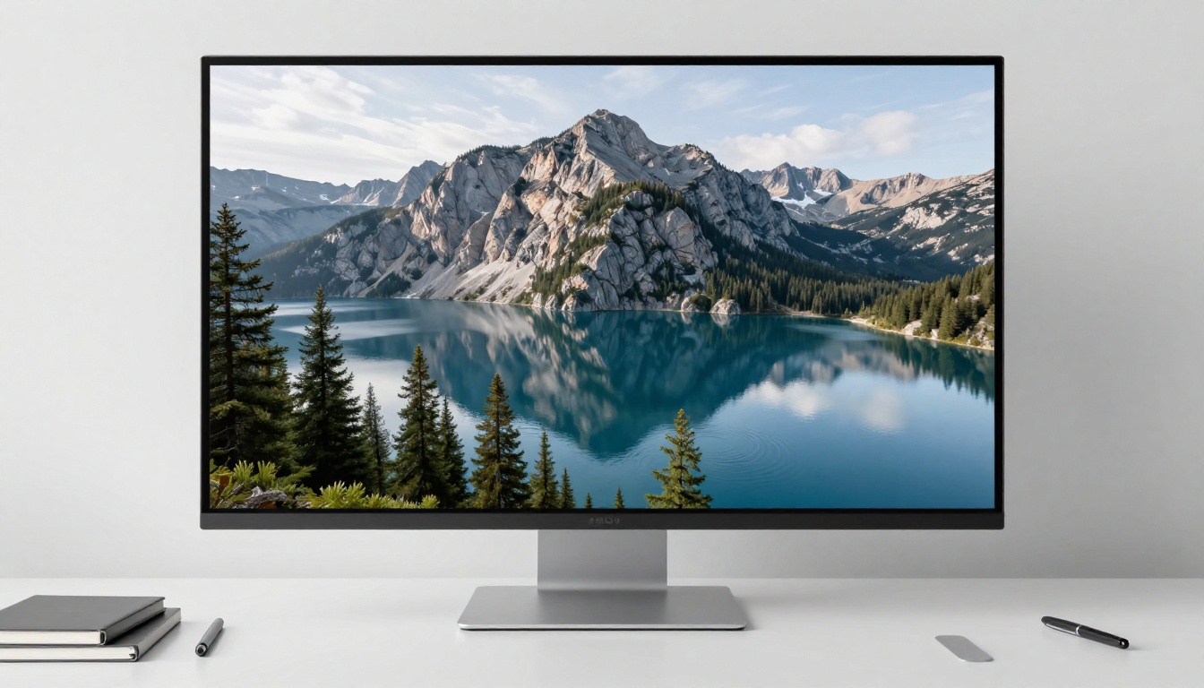 Top-down overhead view of large format monitor on white desk showing mountain landscape with extraordinary upscaled detail, Sony A7III 24mm f/2.8 lens from ceiling height, octabox overhead lighting
