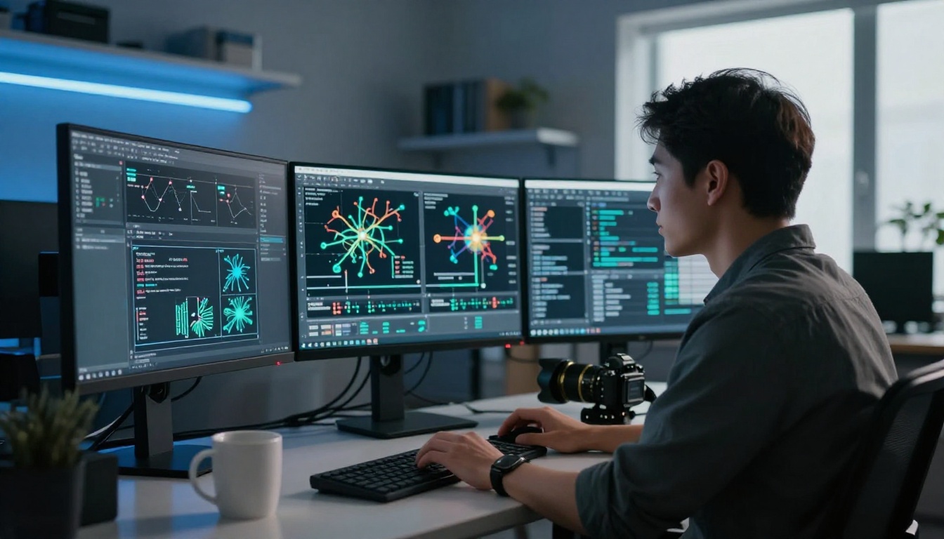 Data scientist at standing desk with three monitors showing neural network diagrams and image processing pipelines, Nikon Z6 35mm f/2.0 lens, cool blue ambient overhead lighting, coffee mug on desk