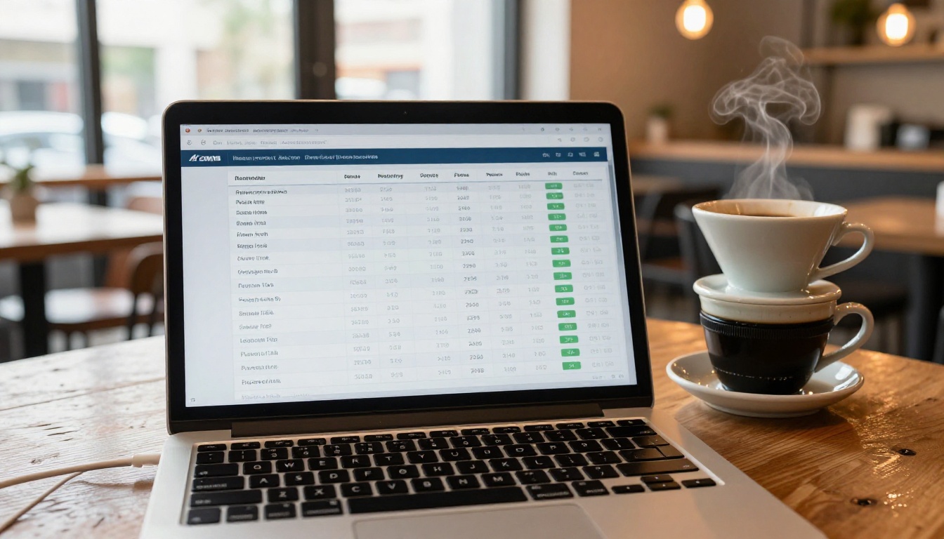 Laptop in warm café showing comparison table of AI upscaling tools with quality metrics, Canon EOS M50 40mm f/2.8 lens, natural daylight from floor-to-ceiling windows, ceramic pour-over coffee cup with steam