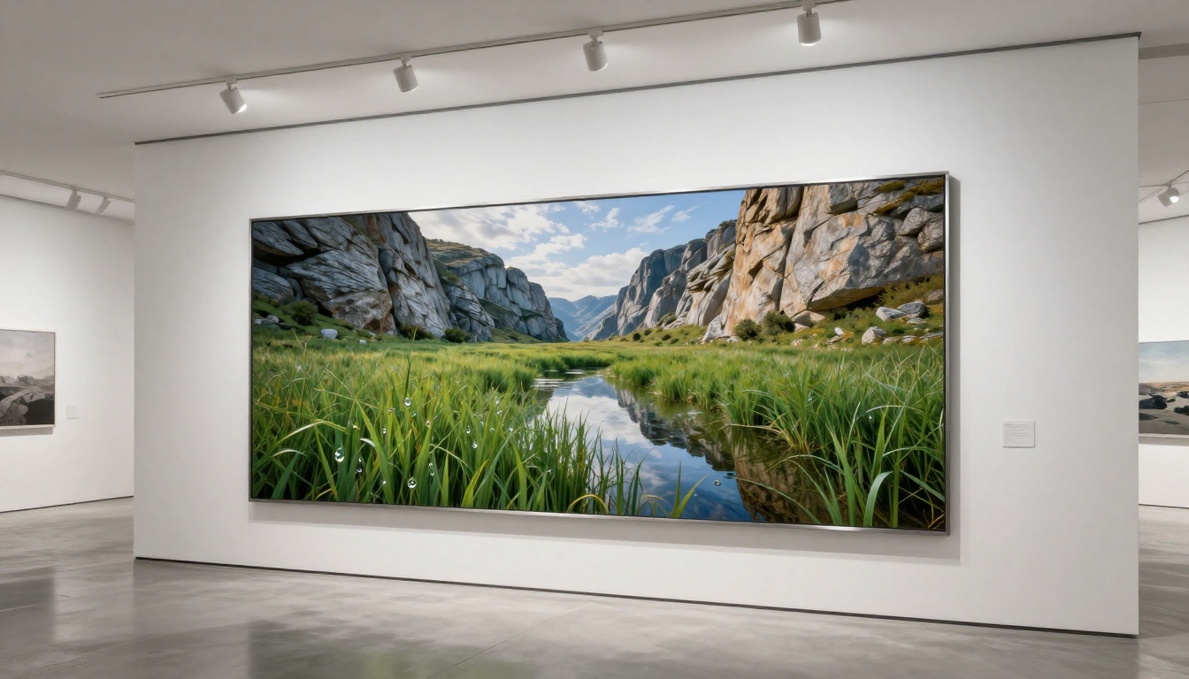 Gallery-quality fine art print of AI landscape artwork on museum white wall, Hasselblad X2D 45mm f/3.5 lens, precision track lighting from above, polished light grey concrete floor, brushed aluminum frame
