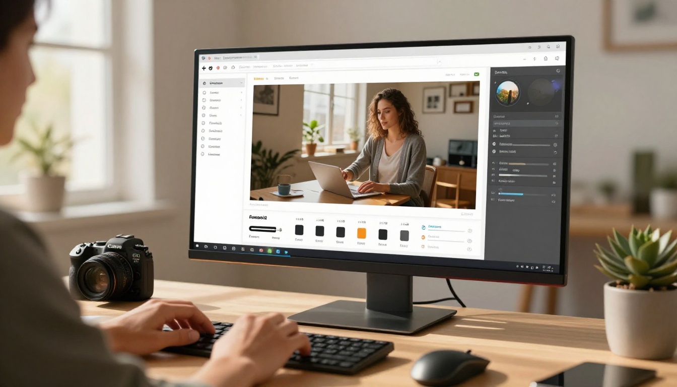 Creative professional at large curved monitor with AI upscaling interface, warm morning golden light from left window, Canon EOS R5 50mm f/1.4 lens, succulent plant in background bokeh