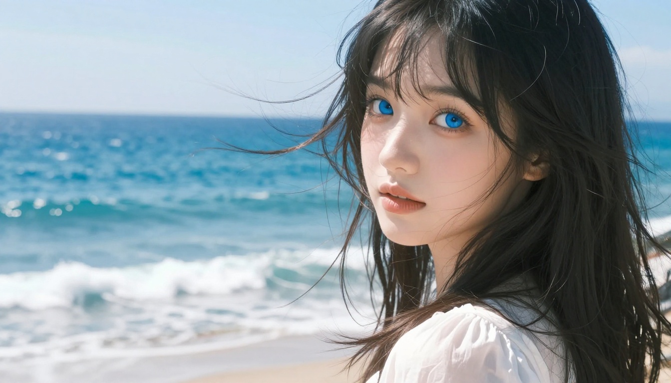 AI waifu character with flowing hair standing on a coastal cliff