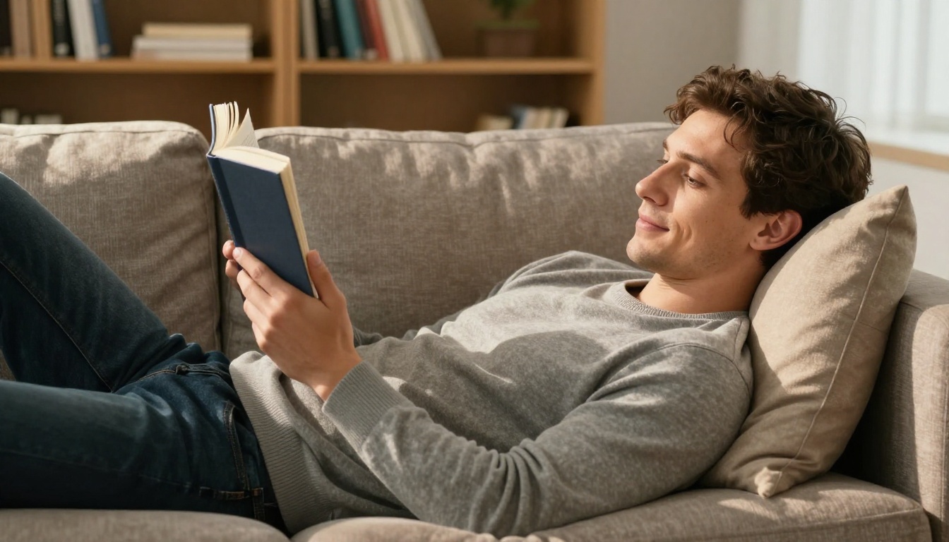 Man reading book on couch Man reading book on couch