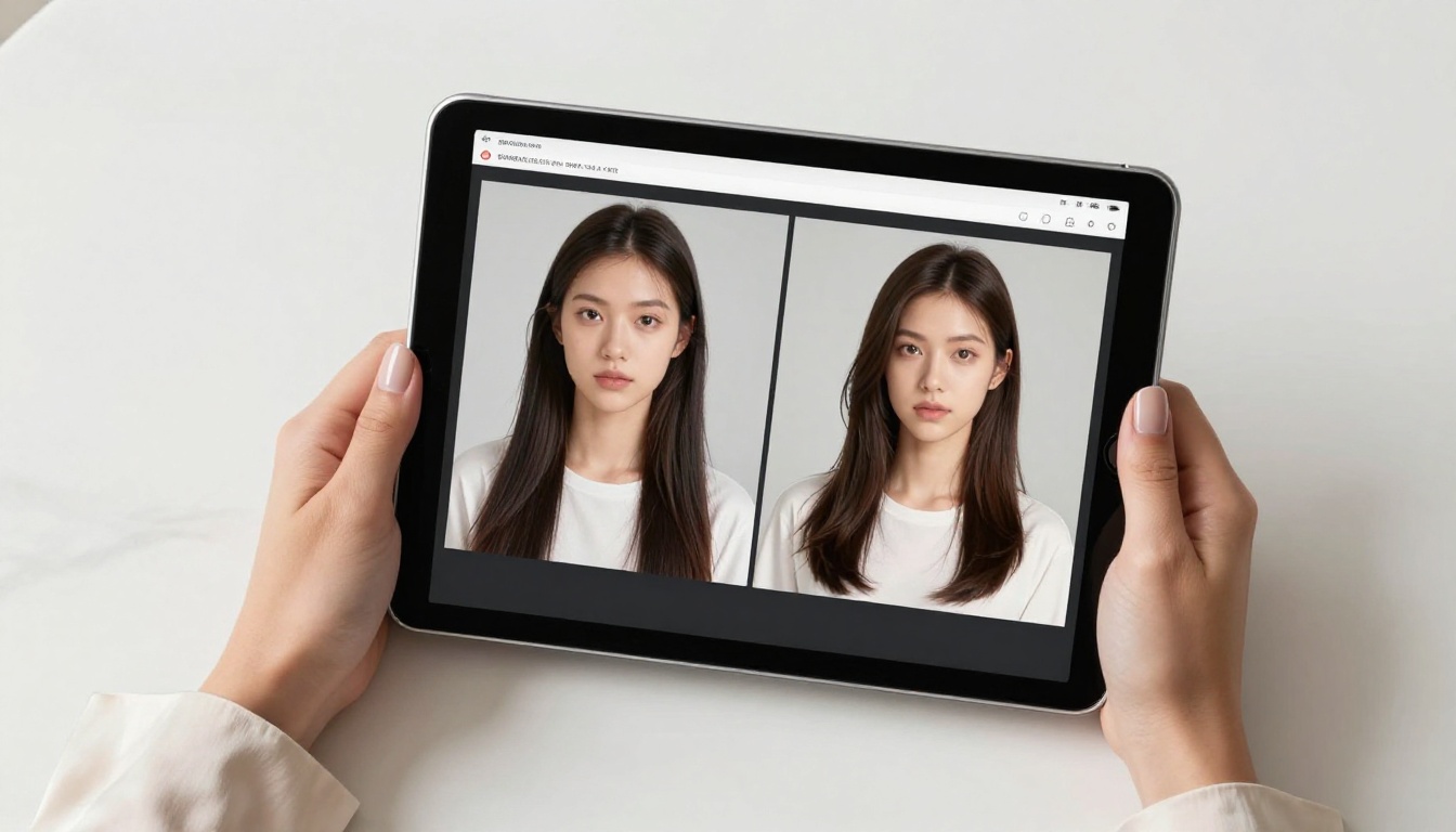 Overhead view of hands holding tablet comparing AI waifu video outputs