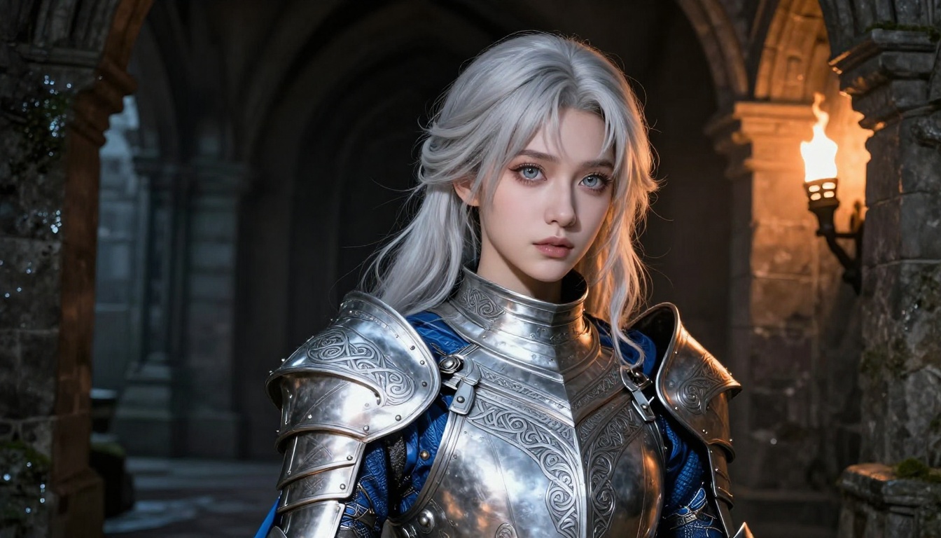 Fantasy waifu character in silver armor in a dark castle corridor with torchlight