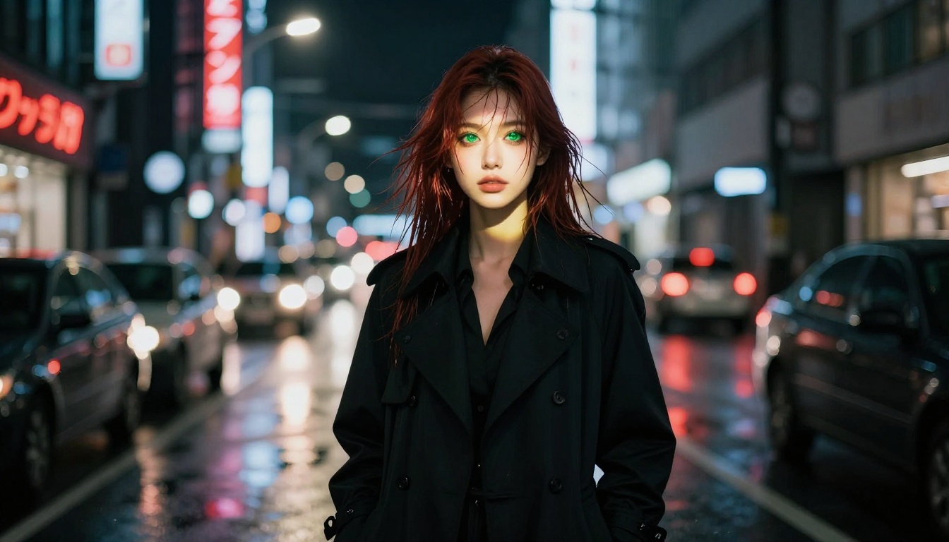 Beautiful young woman with luminous green eyes standing on a rain-slicked Tokyo street at night