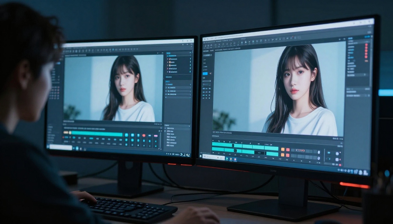 Dual monitor setup showing AI video generation workflow in a dark editing studio