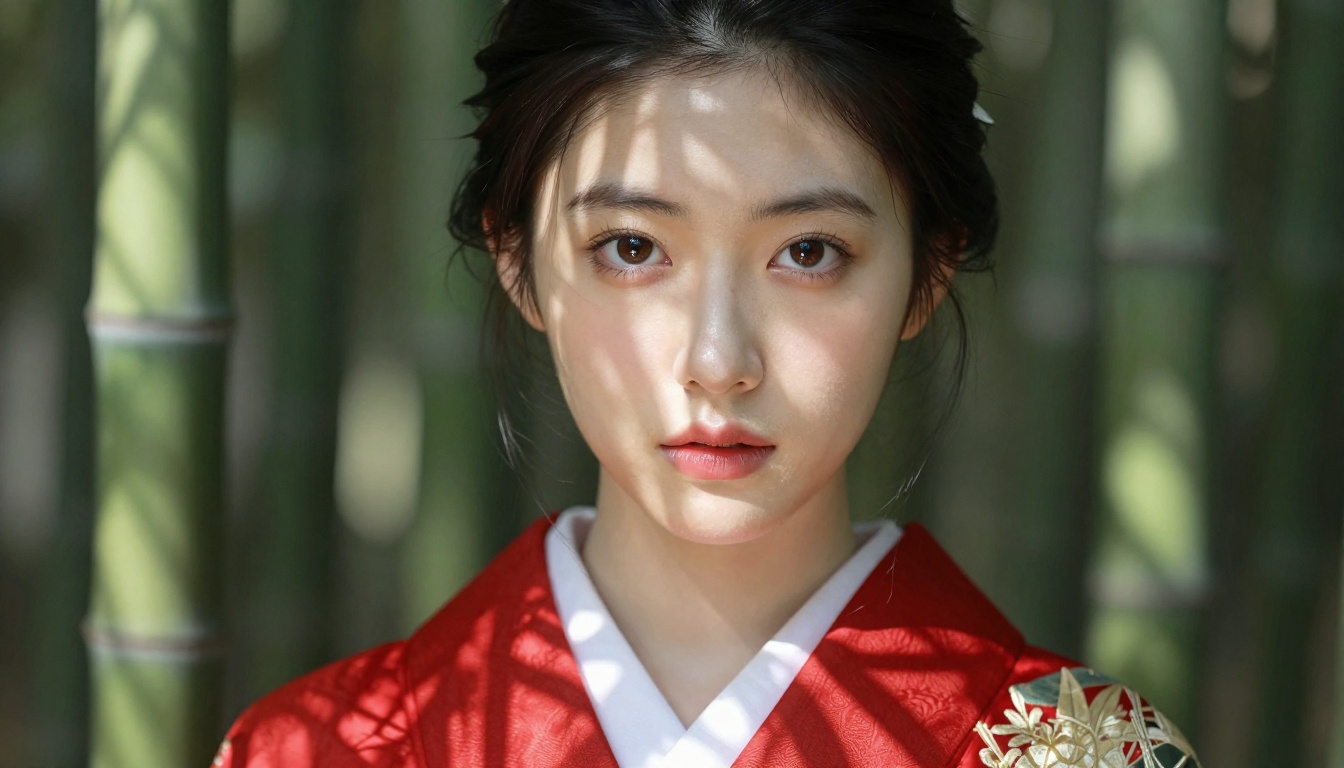 Close-up portrait of a young woman in a crimson kimono in a bamboo grove