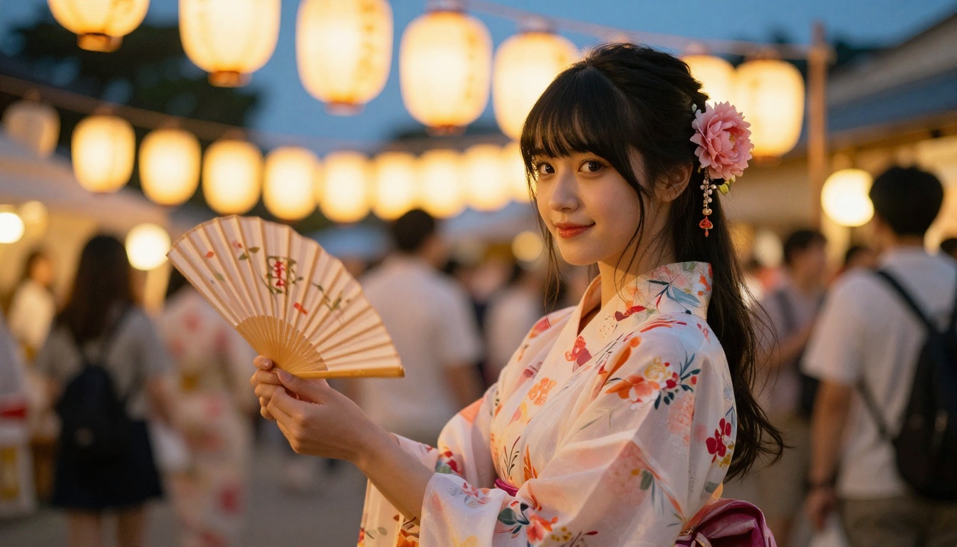 Radiant young woman at a Japanese summer festival with glowing paper lanterns