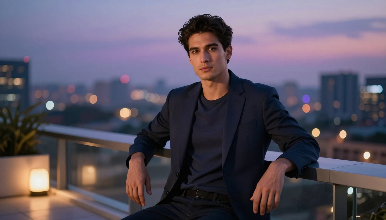 Handsome man on rooftop terrace at dusk Handsome man on rooftop terrace at dusk