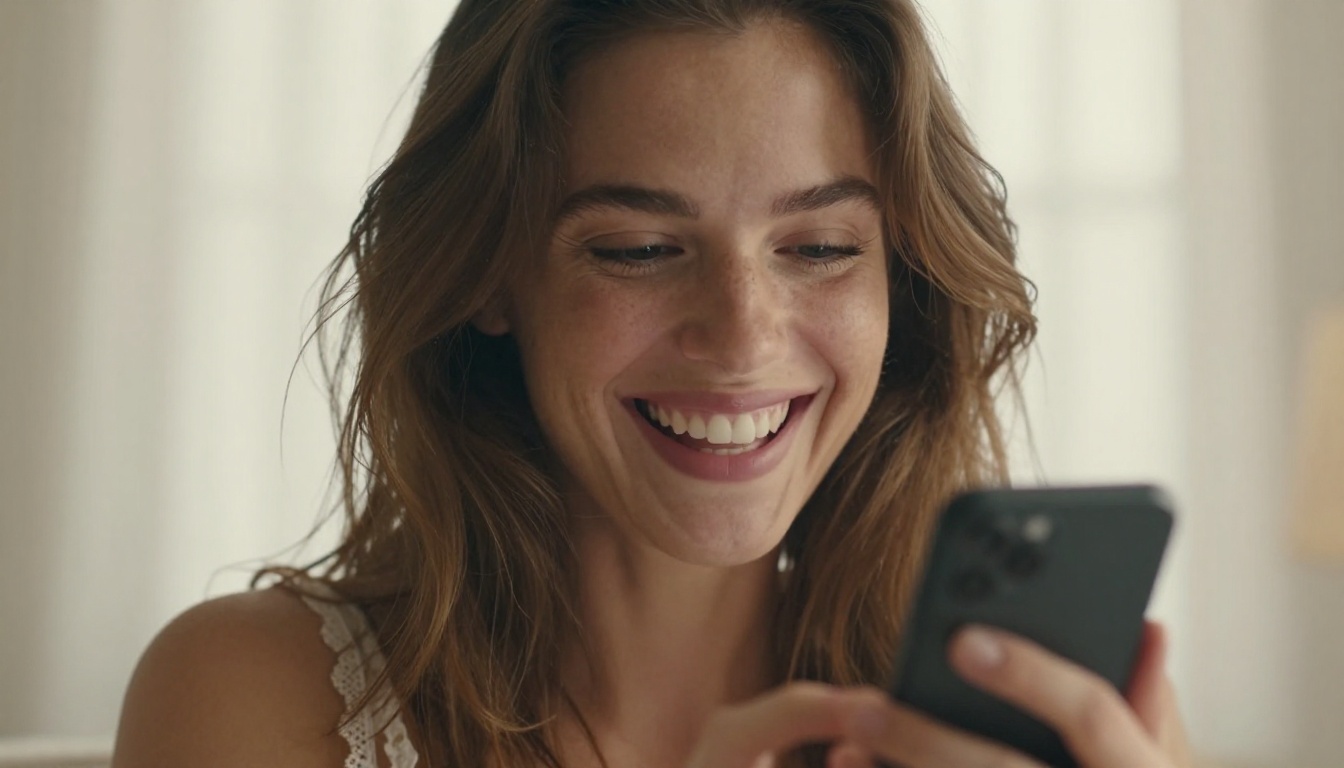 Woman laughing into smartphone in warm morning light