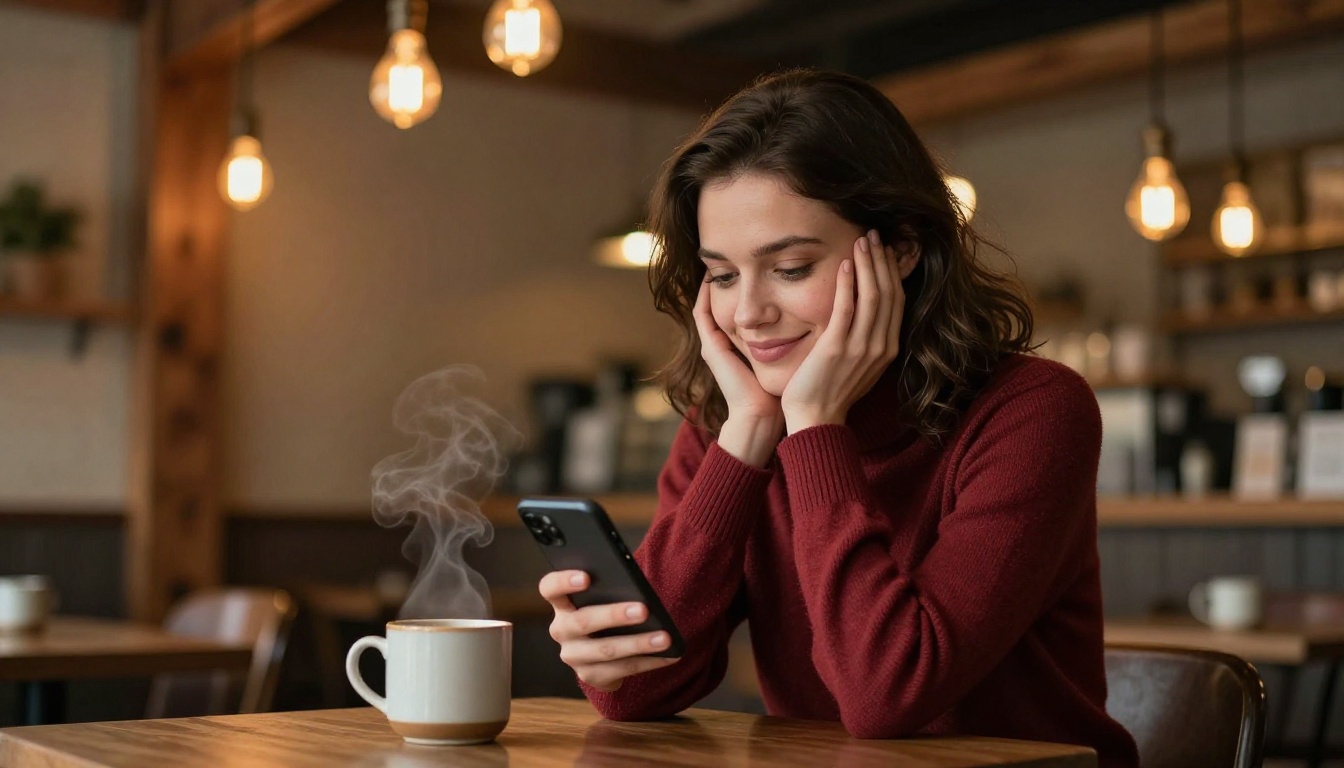Woman relaxing in coffee shop with phone