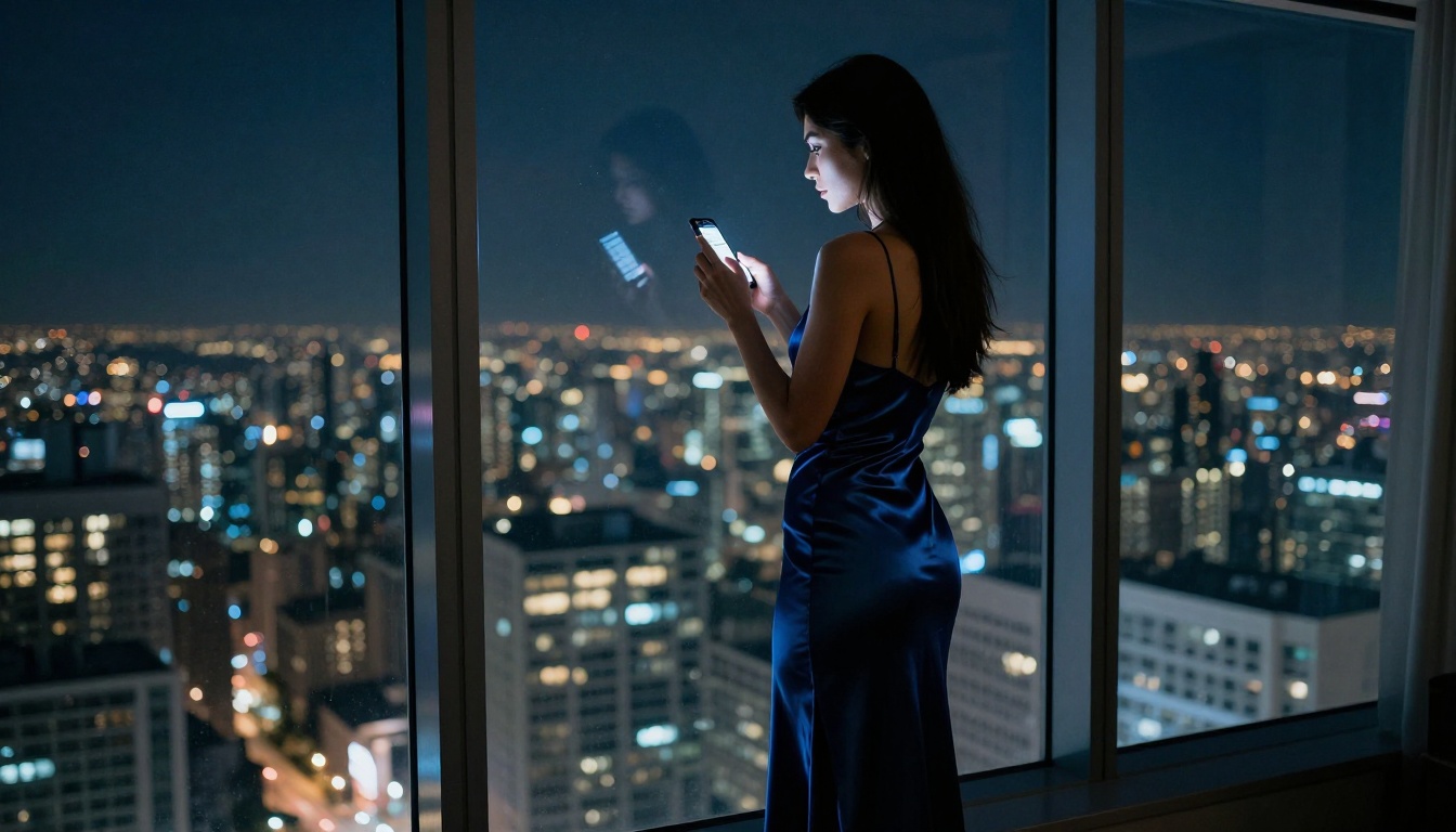 Woman at night window in satin dress with phone
