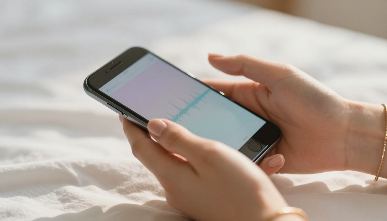 Hands holding smartphone with audio waveform on screen