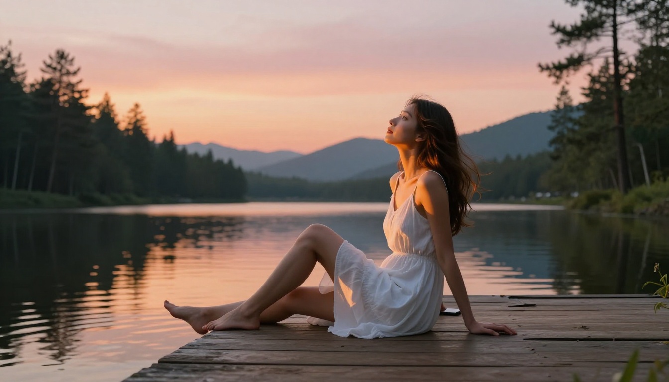 Woman on dock at lake sunset with phone