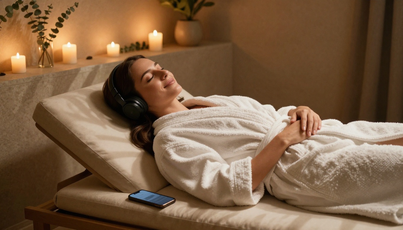 Woman relaxing in spa with headphones and phone