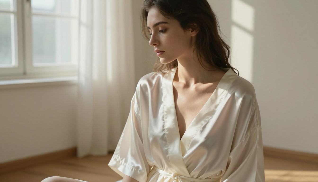 Woman in silk boudoir by window