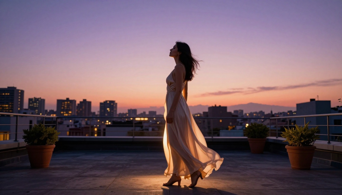 Rooftop woman at dusk with city lights