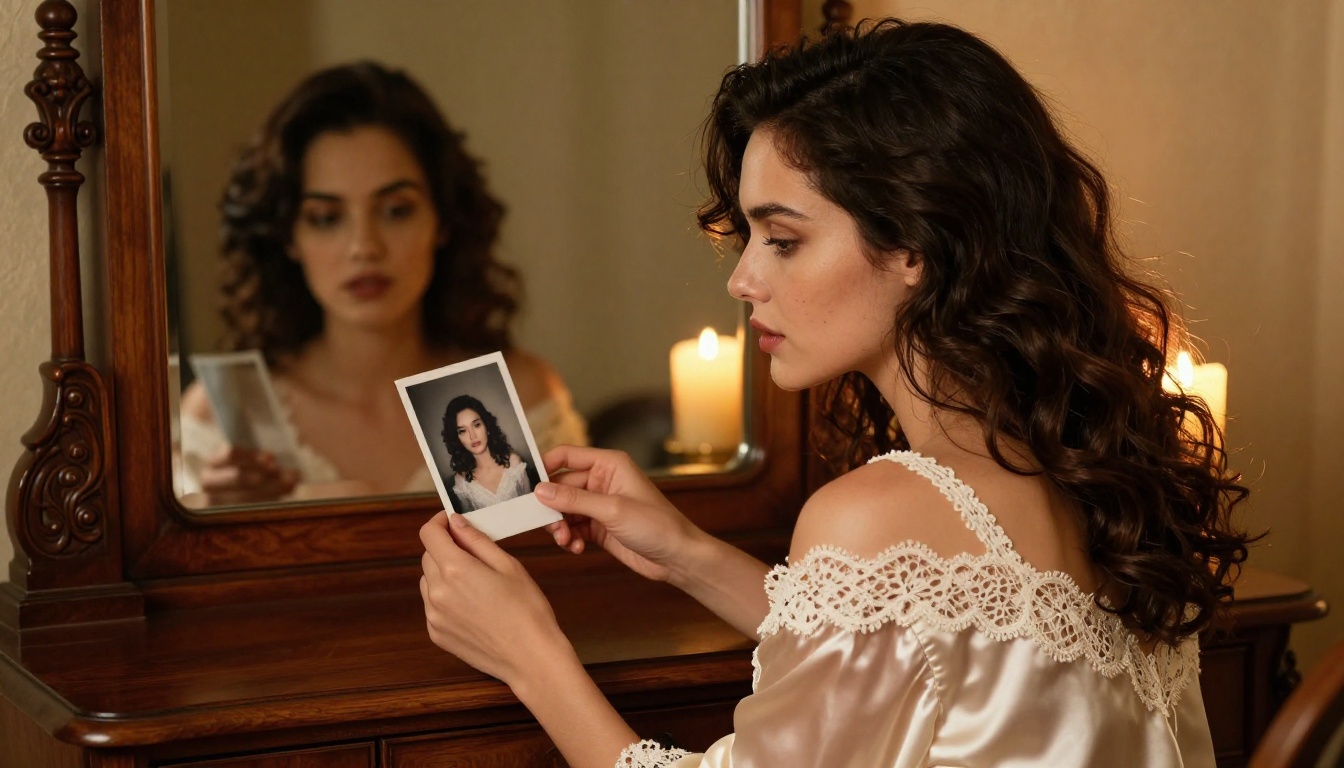 Elegant woman at vintage vanity mirror holding pixelated printed photograph while the real scene around her remains sharp